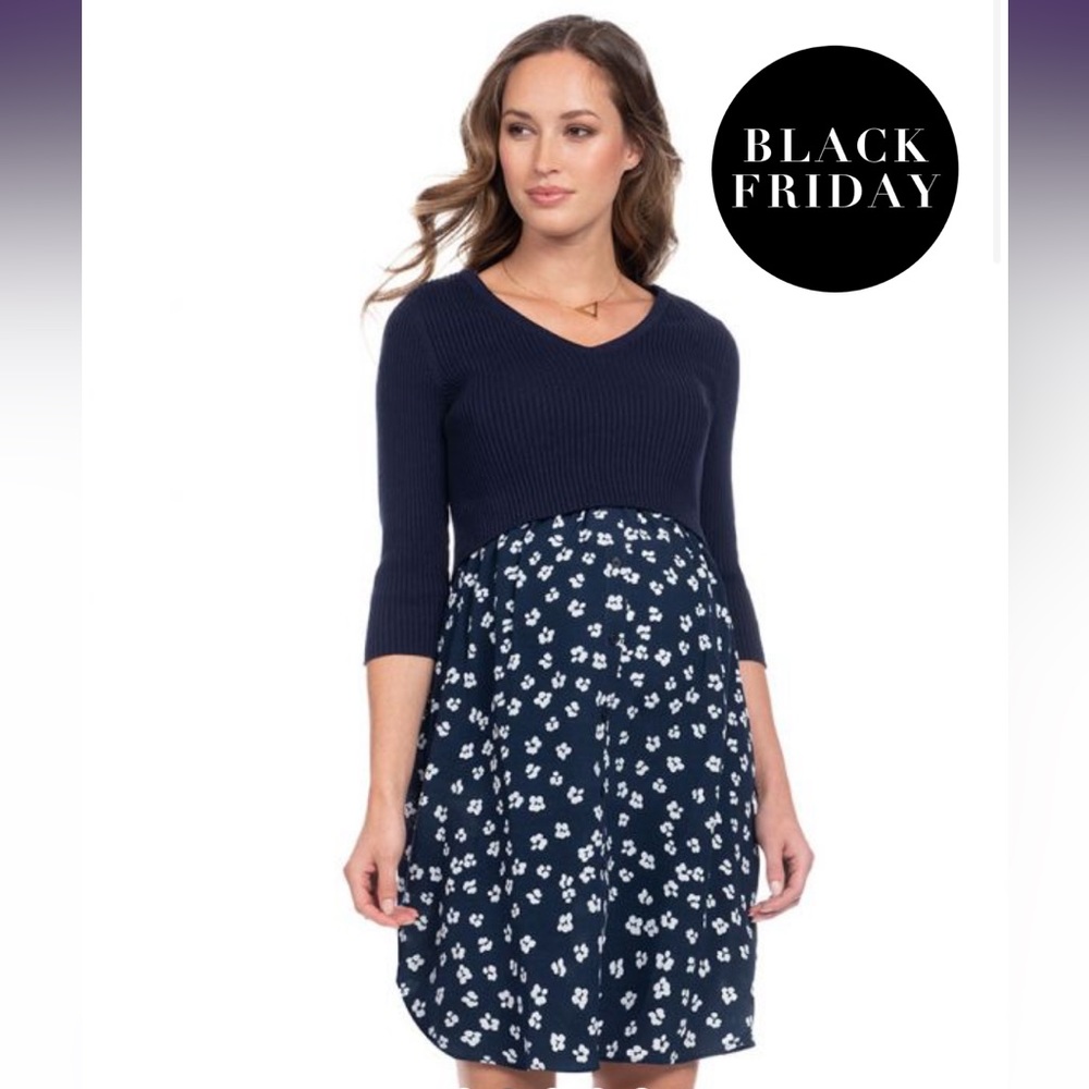 Seraphine Maternity & Nursing dress with cotton blend top. Size 6. Navy Blue.